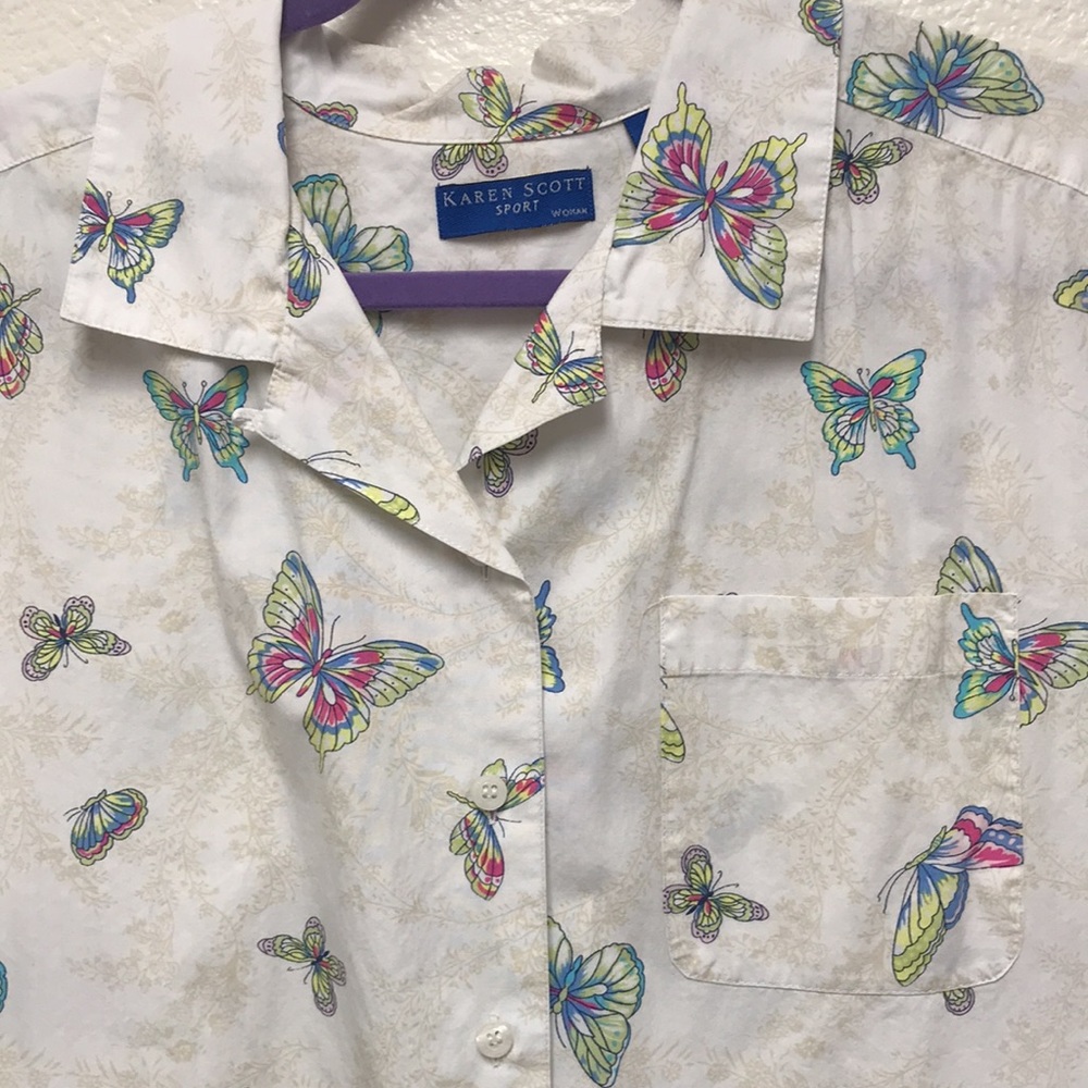 Karen Scott Sport Woman 1X Cotton Button Up Butterfly Blouse Top Off White - Picture 3 of 8